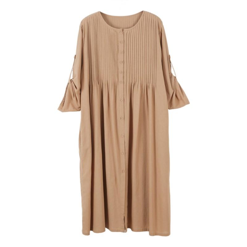 Johnature Women Spring O-Neck Long Sleeve Solid Color Vintage Single Breasted A-Line Dress