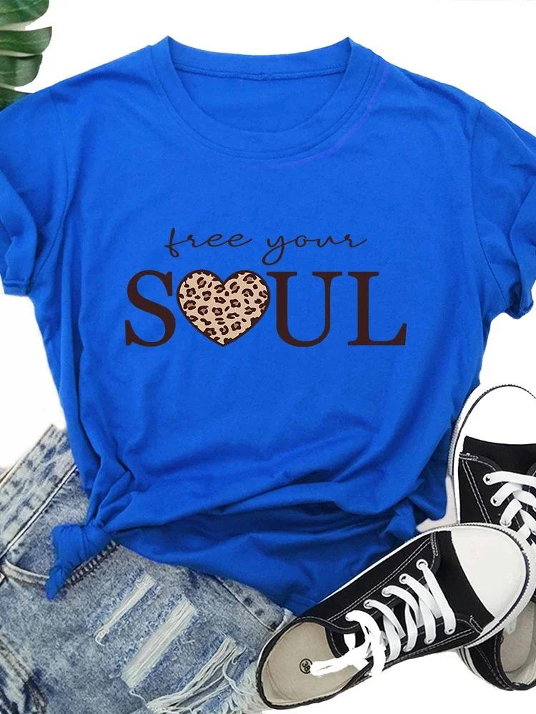 Free Your Soul Leopardhjärta Tryck Dam T-shirt Kortärmad O-ringning Lös Dam T-shirt Dam T-shirt Toppar Camisetas Mujer