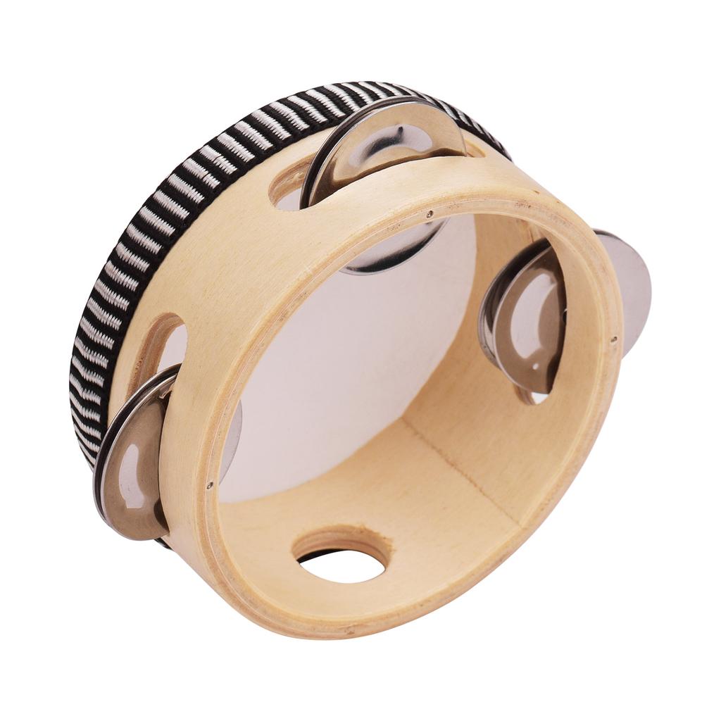 4 Inch Wooden Hand Tambourine with Metal Single Row Jingles Polyester Drum