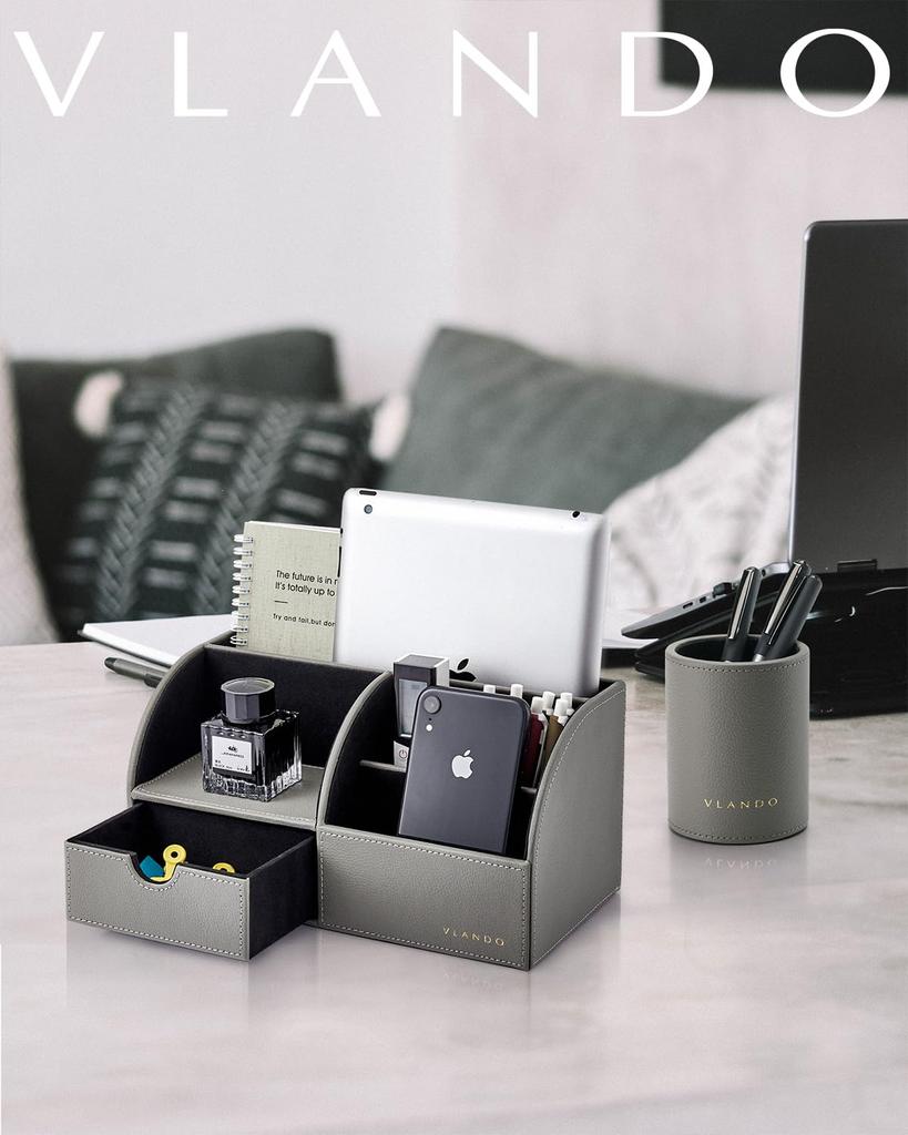 Vlando Desktop Storage Box with Pen Holder and Small Item Storage Rack (Gray)