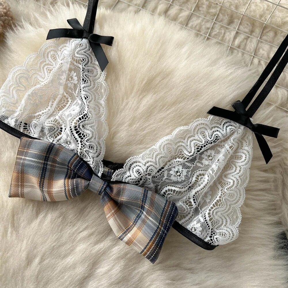 Sexy Plaid Japan Style Erotic Sets Women Pleated Short Skirt + Bow Strapless Lace Camis Female Sweet JK Uniform Lingerie Suits 2024