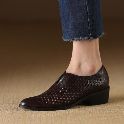 Fashion Women's New Spring and Autumn Vintage Genuine Leather Cowhide Pointed Hollow Hole Comfortable Middle Heel Muller Single Shoes