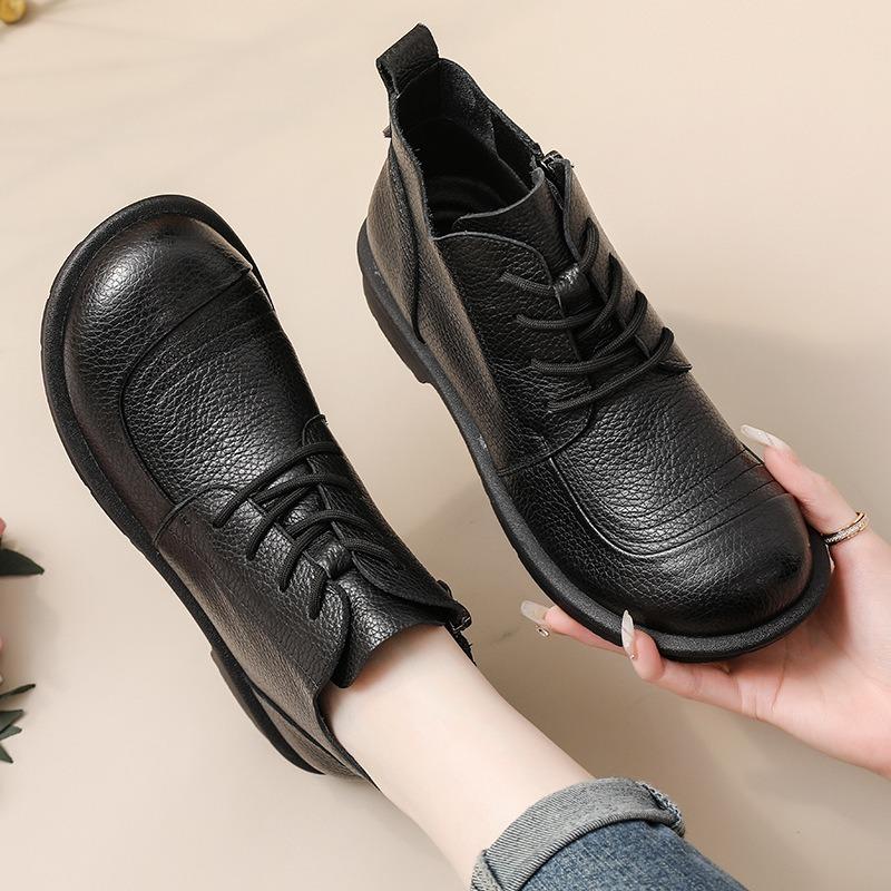 First Layer Cowhide New Versatile Single Boots Velvet Low Heel Short Boots Retro Leather Round Head Women's Boots