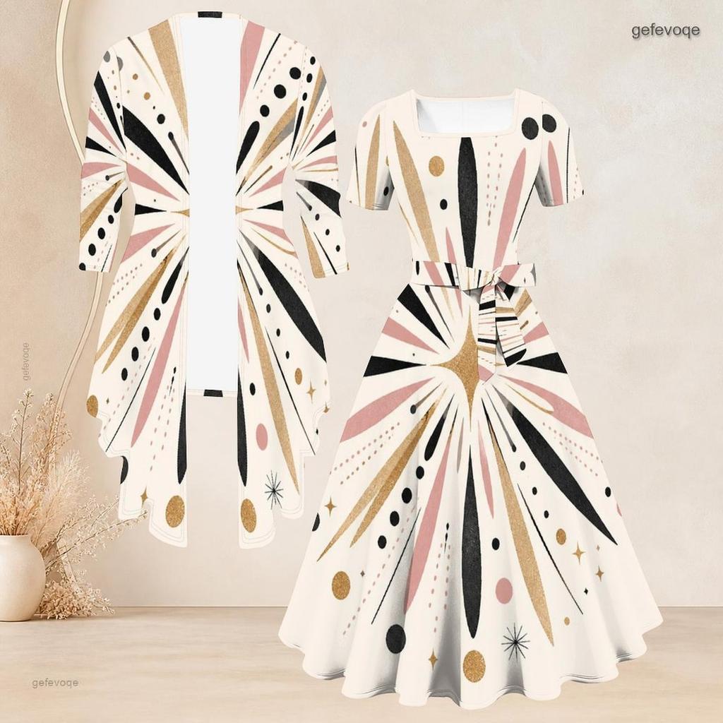 Women Plus Size Two Piece Set Printed Open Front Mid Sleeve Cardigan Square Neck Short Sleeve Tie Waist Flared Black Dress