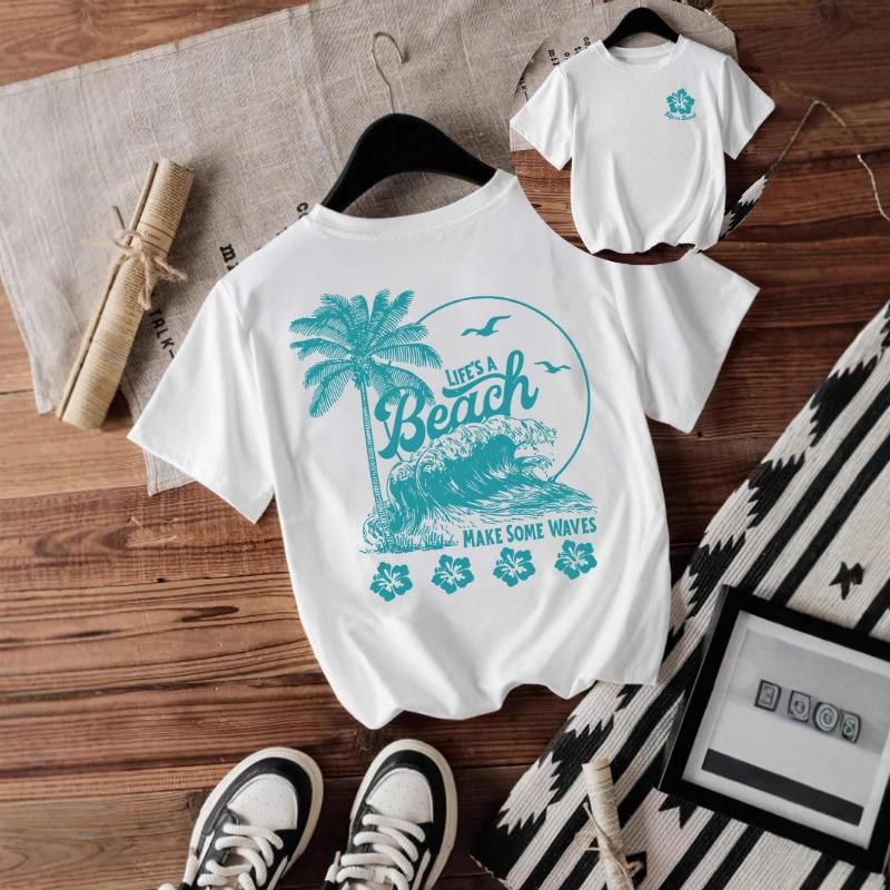 Modisches Rundhals-T-Shirt mit Strand- und Wellenprint und lockeren kurzen Ärmeln