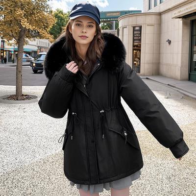 2024 Winter Damenjacke Damen Pelzkragen Verdicken Warm Cinching Parka Mäntel Damen 2 Taschen Kordelzug Taille Baumwolljacke