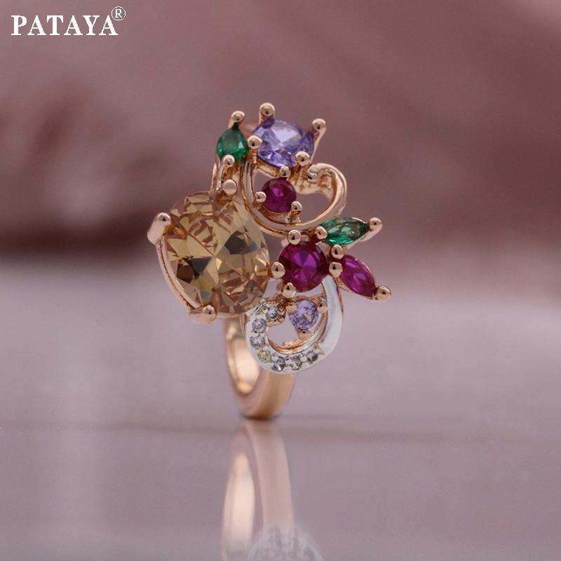PATAYA Inlaid With Multicolored Artificial Zircon Earring Ring Combination Set