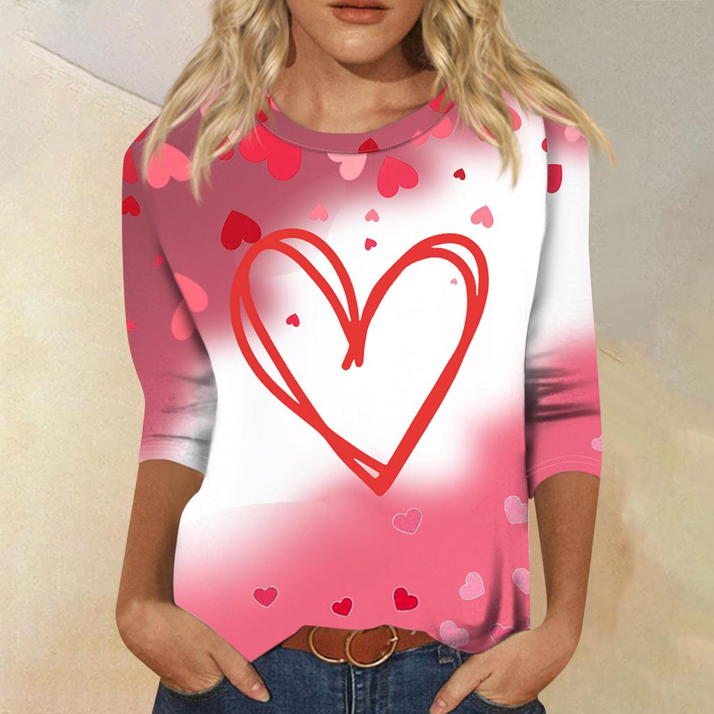 Women's Fashion Casual Round Neck 3/4 Sleeve Loose  Printed T-Shirt Ladies Top