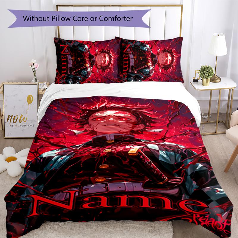 3pcs Custom Name Demon Slayer Tanjiro Bedding Set Duvet Cover Closure Includes 1 Duvet Cover & 2 Pillowcases for All Seasons Bedroom Decor