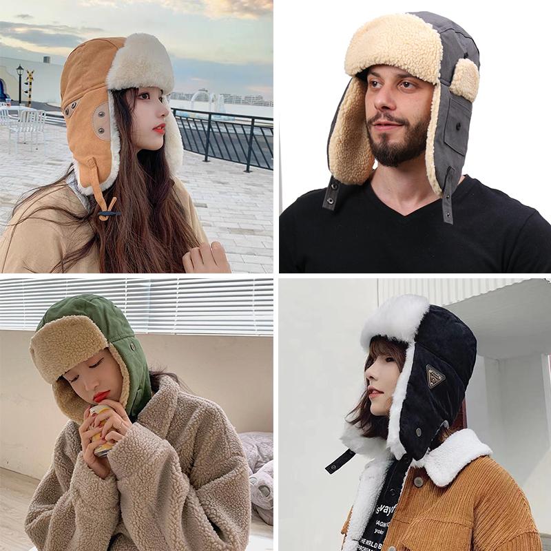 Winter Plush Earflap Bomber Hats Cotton Lamb Hair Ear Protectors Russian Hat Plush Thicken Windproof Mountaineering Ski Snow Pilot Outdoor Sport Cap