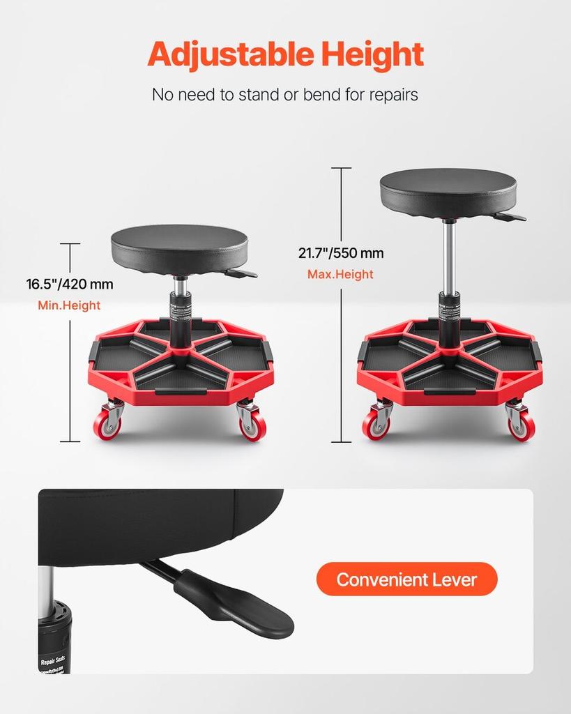 Rolling Mechanic Stool Adjustable Garage Seat 300 lbs Load with Wheels