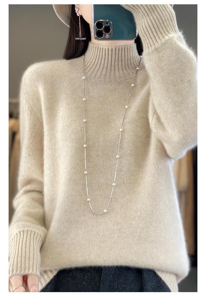 Women's Cashmere Wool Pullover: Half-High Neck, Loose Fit, Korean Style Knit Base Layer for Autumn/Winter