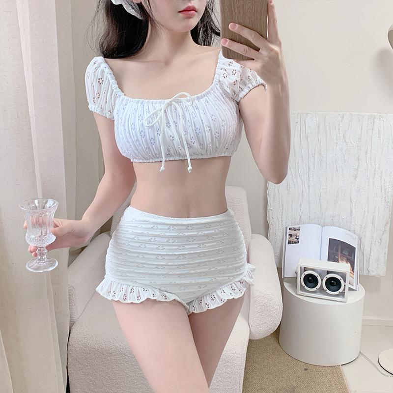 

Split Square Neck High Waist Puff Sleeve Tummy Control Swimsuit Medium білий