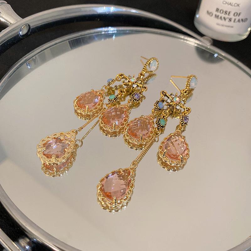 

Silver Needle Diamond Mangstar Crystal Water Drop Tassel Earrings French Light Luxury Earrings Retro Court Earrings Women