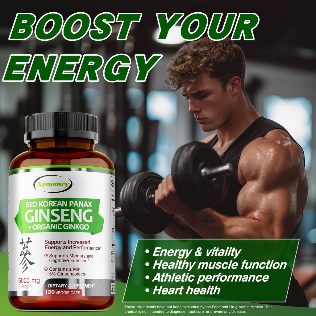 XEMENRY Bio-Roten Ginseng, mit Ginkgo-Biloba-Extrakt, 6000 mg pro Portion, 120 Kapseln pro Packung, für Erwachsene geeignet.