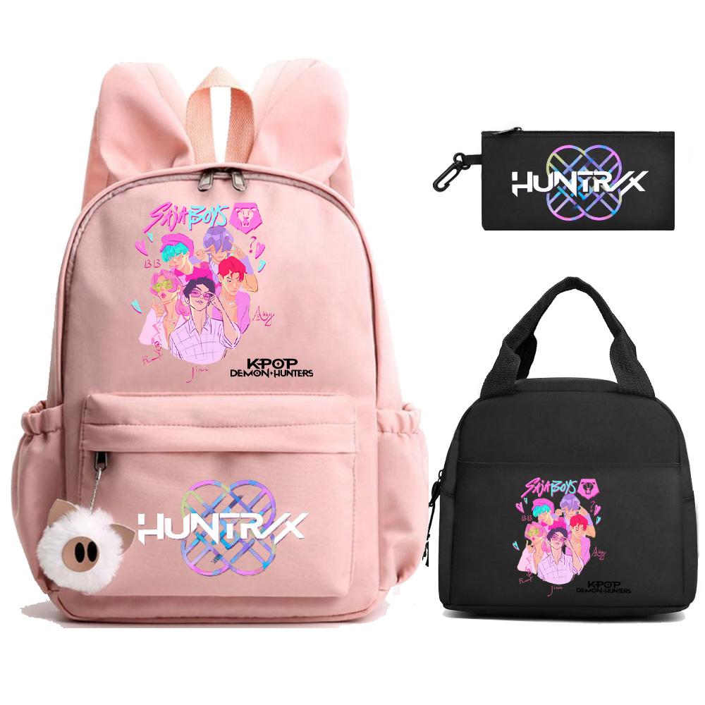 3Pcs/set K-Pop Demon Hunters Printed Backpack with Lunch Bag Pengcil Case for Teenager Girl Boy Back To School Bookbag Large Capacity Travel Bag
