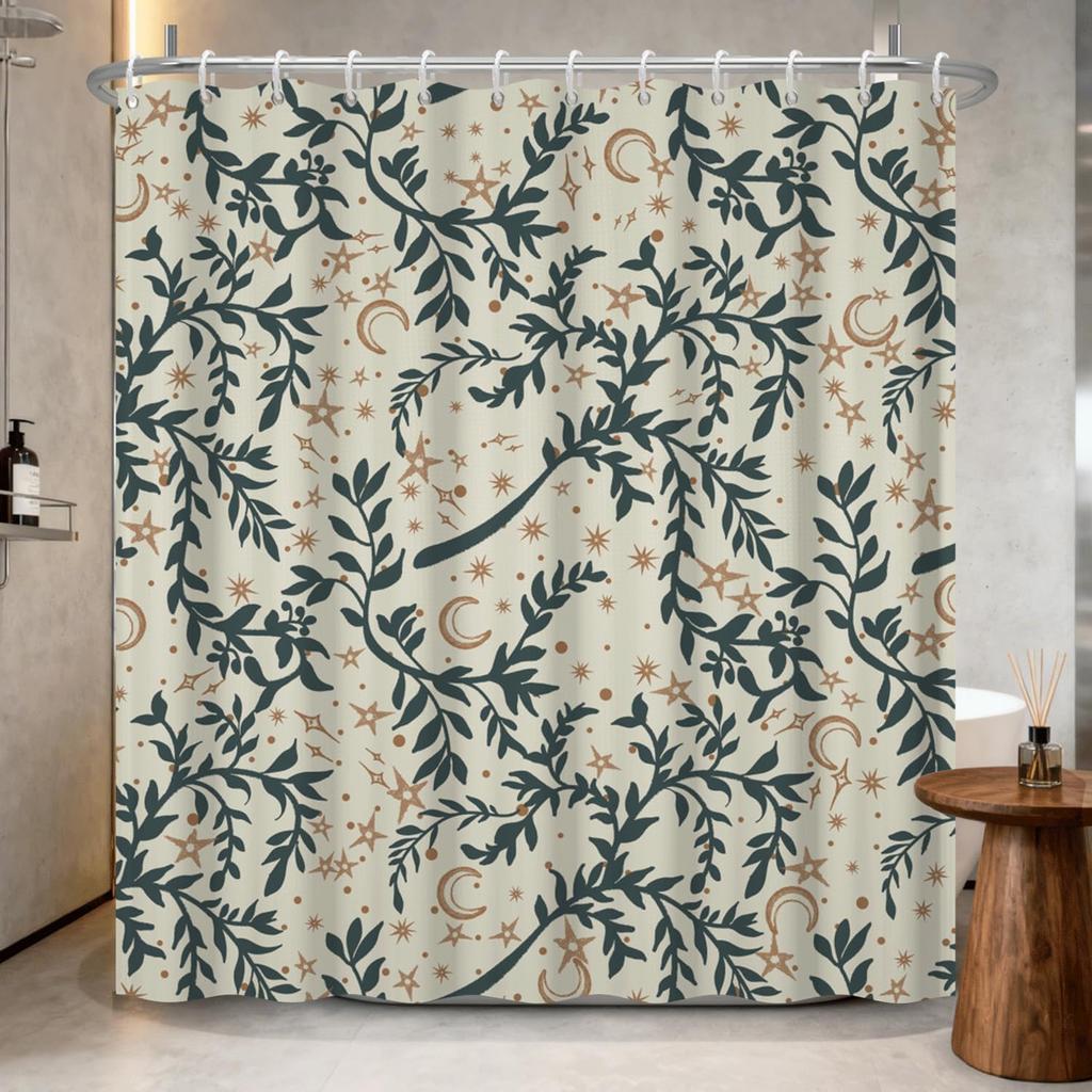 Boho Shower Curtain - Celestial Moon & Botanical Vine Print Waterproof Bathroom Curtain with Rust-Proof Hooks Included,Bohemian