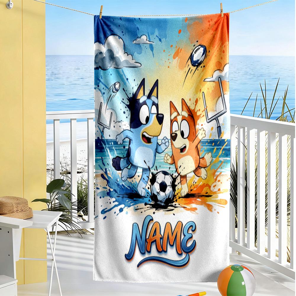 Bluey Soccer Adventure Customize Your Name Beach Towel Super Soft & Absorbent Perfect for Traveling Yoga Camping and Swimming