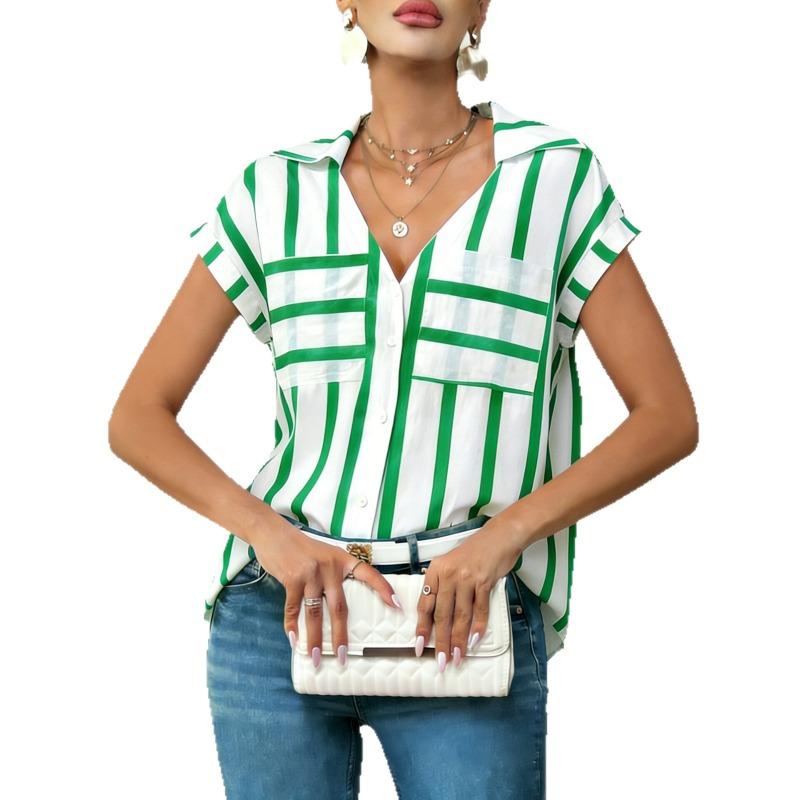 Womens Striped V Neck Short Sleeve Blouse With Pockets Casual Button Down Collared Shirt