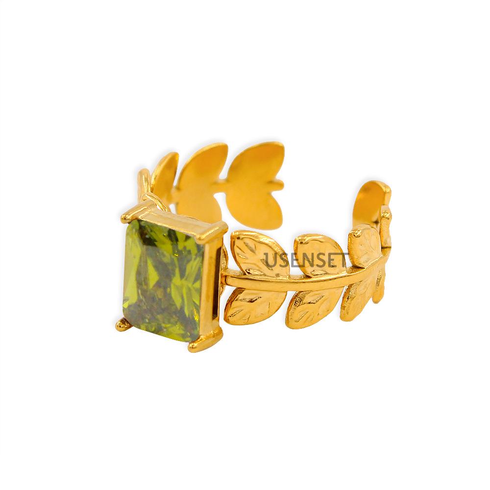 Elegant European-American Stainless Steel Zirconia Leaf Women s Adjustable Ring