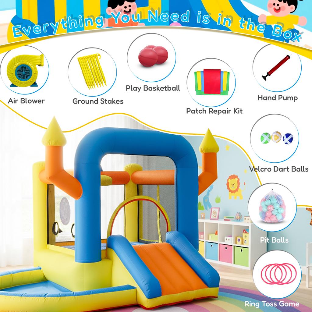 Kids Party Inflatable Bounce House Combo Toddler Inflatable Jumping Bouncy Castle with Slide,Pool,Basket,Dartboard,Trampoline