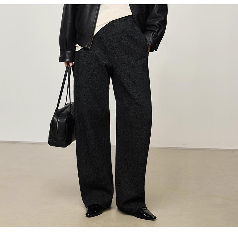 Women's Elegant Wool-Blend Dark Grey High-Waisted Loose Straight-Leg Trousers, 2025 Autumn/Winter Collection