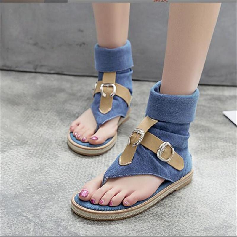 High Top Slippers Women Sandals Fashion Denim Roman Gladiator Sandals Summer Ladies Beach Shoes Female Zippe Flat Sandalias