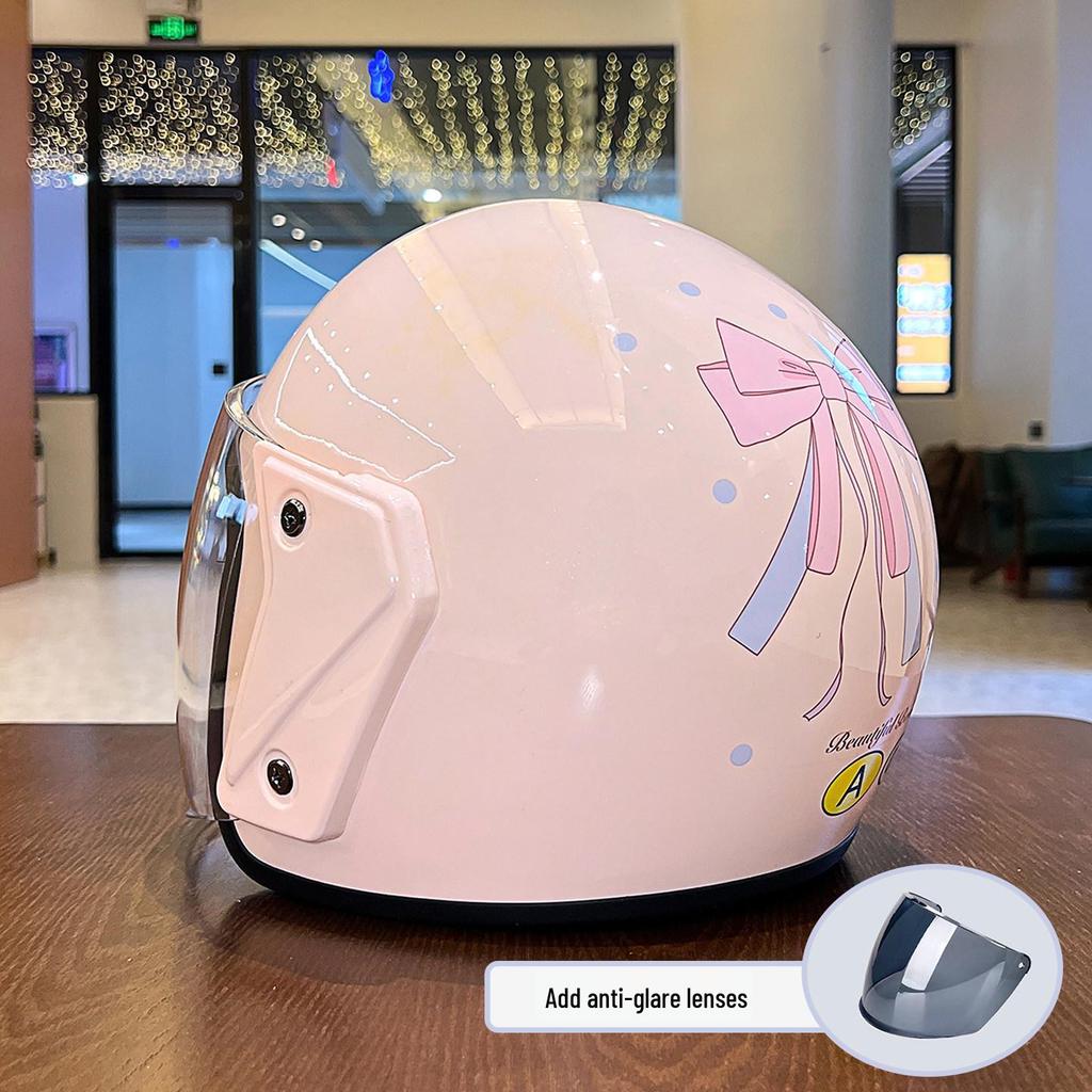 2026 Certified Women's Electric Vehicle Helmet with Cute Bow – Four Seasons Windproof, Sun-Protective Motorcycle Safety Helmet