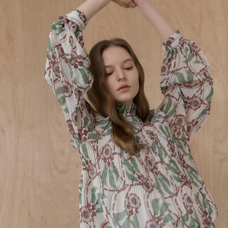 MAXZA Dreamcatcher Print Pleats High Neck Chiffon Blouse Cc05qb600on