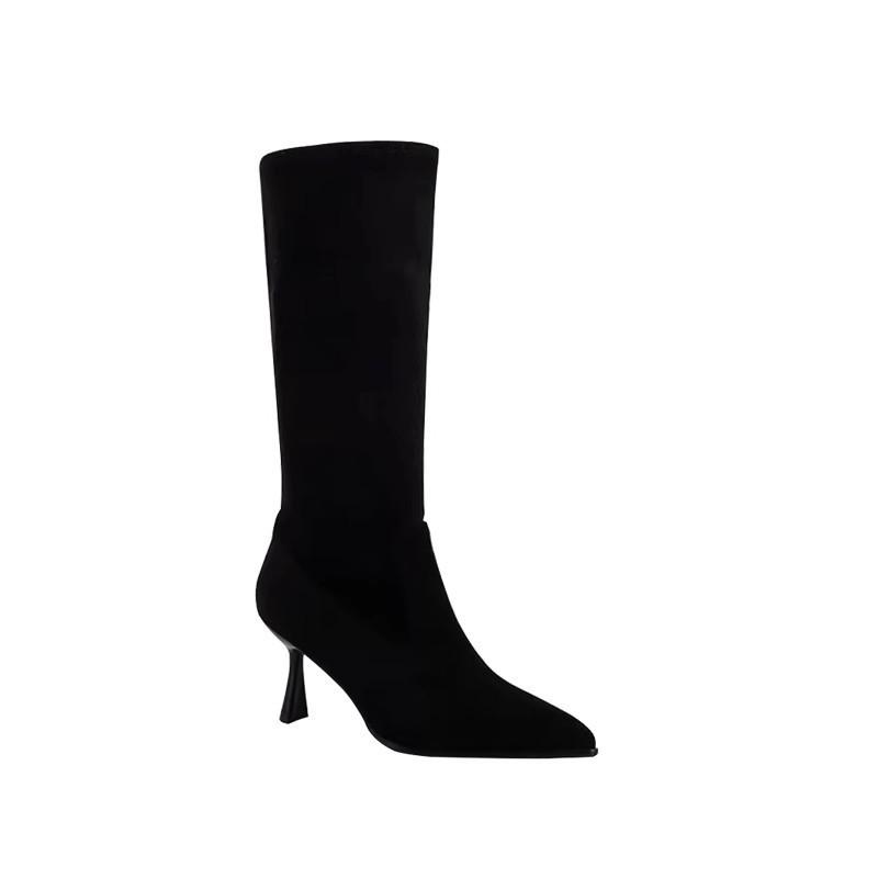 2025 Autumn and Winter New Pointed Short Boots Women's Thin Heel Suede Medium Tube Stacking Boots High Heel Elastic Thin Boots Martin Boots