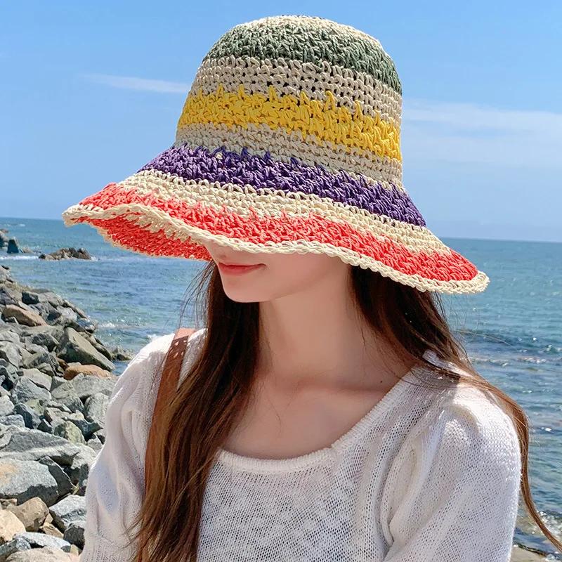 Regenbogen Strohhut Damen Sommer Sonnenschutz Handgehäkelt Großer Rand Eimerhut Damen Strand Sonnenhut Boho Dame Mädchen Mode Hüte