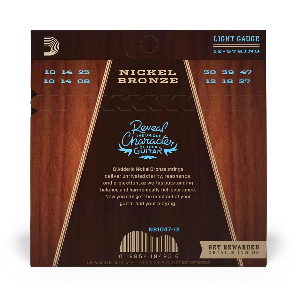 Acoustic Guitar Nickel Regular D'Addario Strings, Bronze, Light, 12-String, .010-.047, NB1047-12