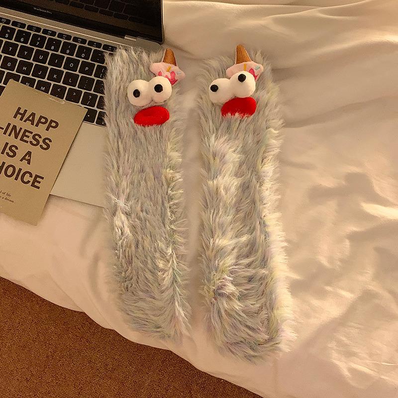 1Pair Ugly and Cute Funny Mink Fleece Floor Socks Thickened and Warm Autumn and Winter Cartoon Medium Sleeve Home Socks Big Eye