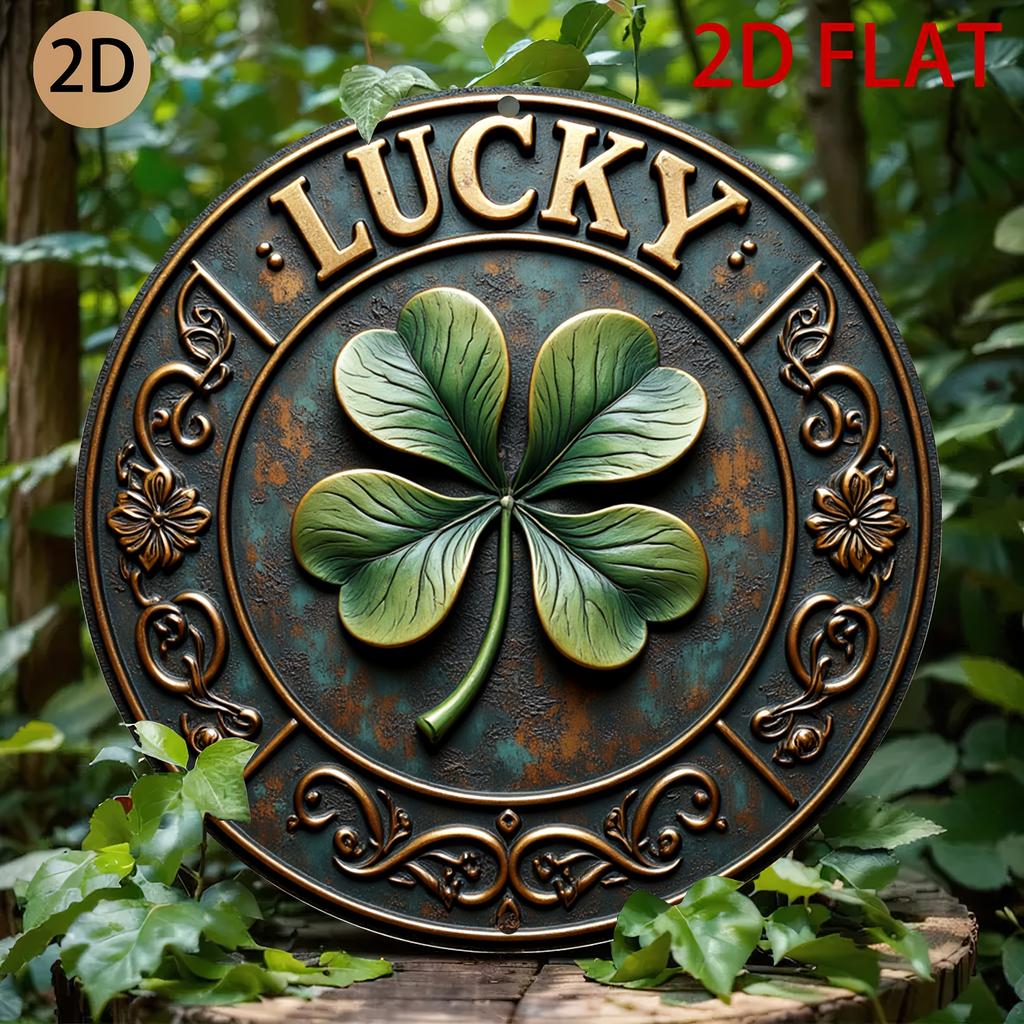 Letrero Metálico Redondo Vintage de Trébol de Cuatro Hojas Suerte D Plano Impreso Rústico Ornamentado Efecto Pátina Placa de Lata Arte Amuleto de Suerte Irlandés