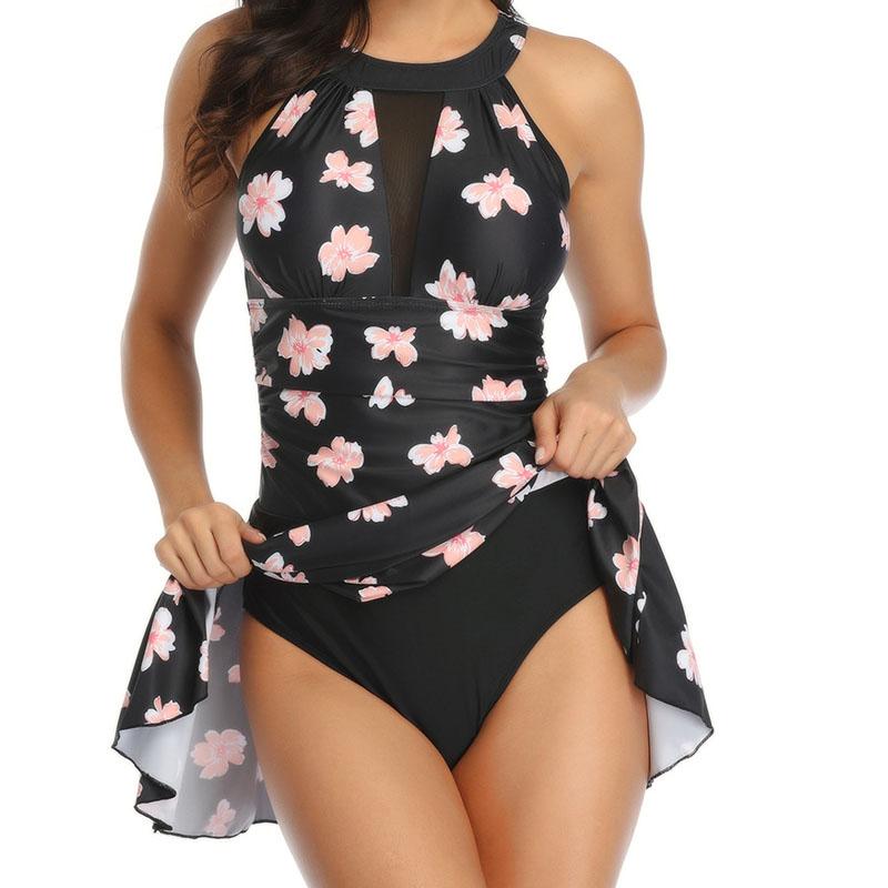 Halter Floral Printed Swimwear Women's Summer Hollow Out Backless Swimsuit