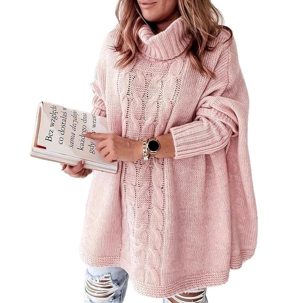 Cross-border Autumn and Winter Solid Color Lapel Bat Sleeve Loose Casual Large Size Women's Knitted Top