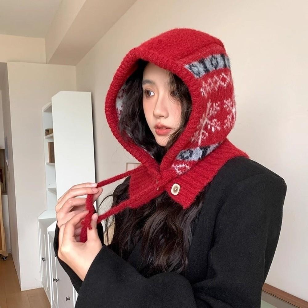 Fashion Snowflakes Winter Balaclava Hats One-Piece Ear Protection Knitted Hooded Cap Thick Warm Windproof Drawstring Hat