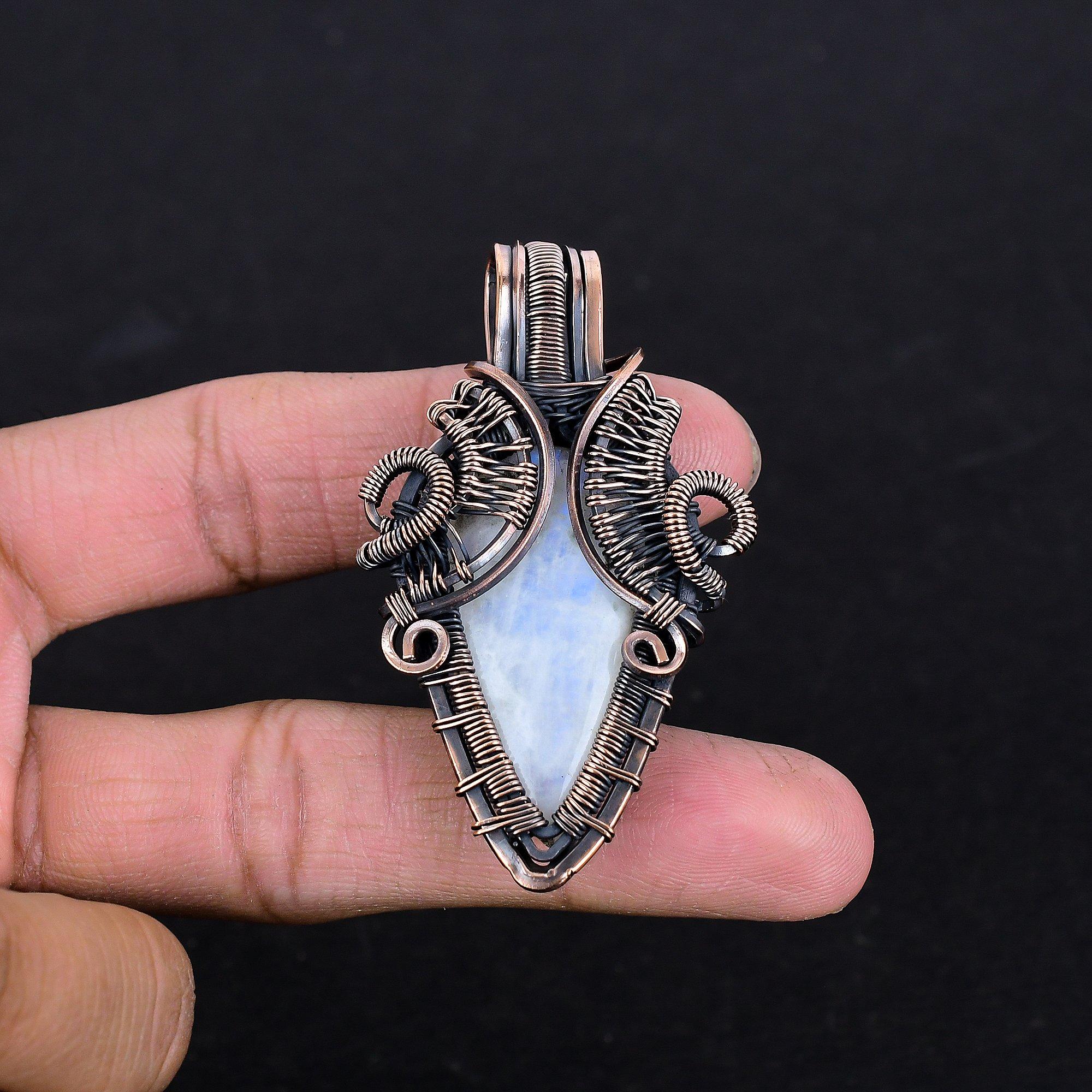 

Подвеска из радужного лунного камня, ювелирное изделие из драгоценного камня, подвеска, обернутая медной проволокой 999 пробы, красивая подвеска ручной работы