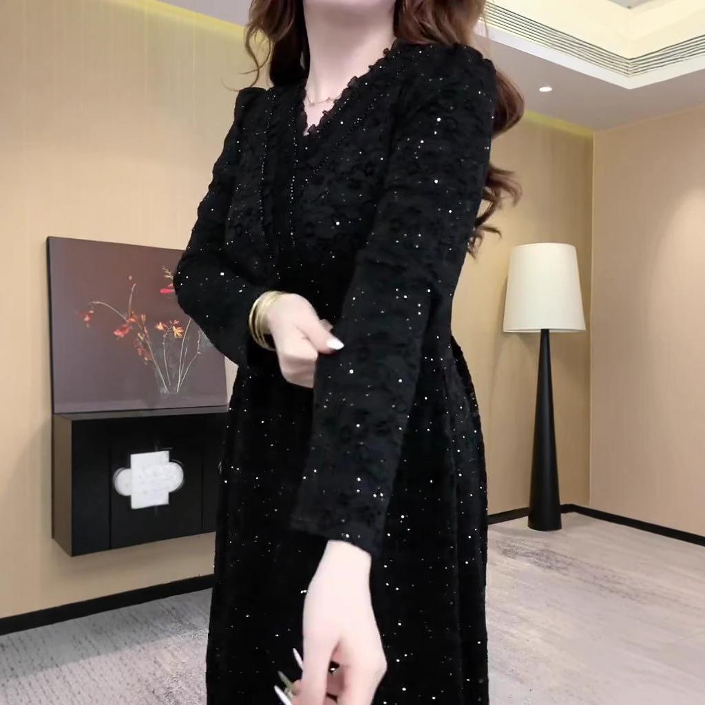 Spring Light Luxury Lace Evening Gown - Plus Size, Long Sleeve, Shiny Casual Dress for Women