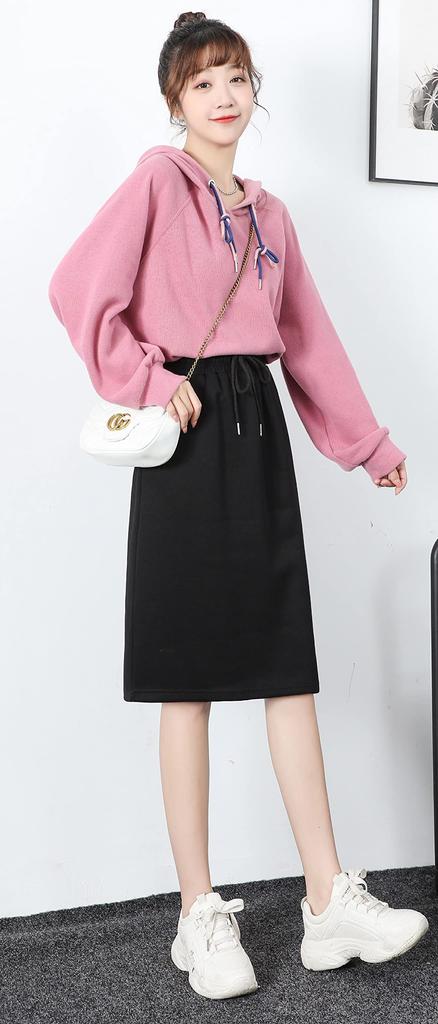 Syvent Sweat Elastic Plus Size Women's Knee-Length Skirt, Casual, Waist, Slit, A-Line, Plain,