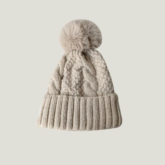 Women Fall Winter Hat Thickened Knitted Soft Elastic Warm Anti-slip Ear Protection Plush Ball Decor Twisted Pattern Outdoor Beanie Cap