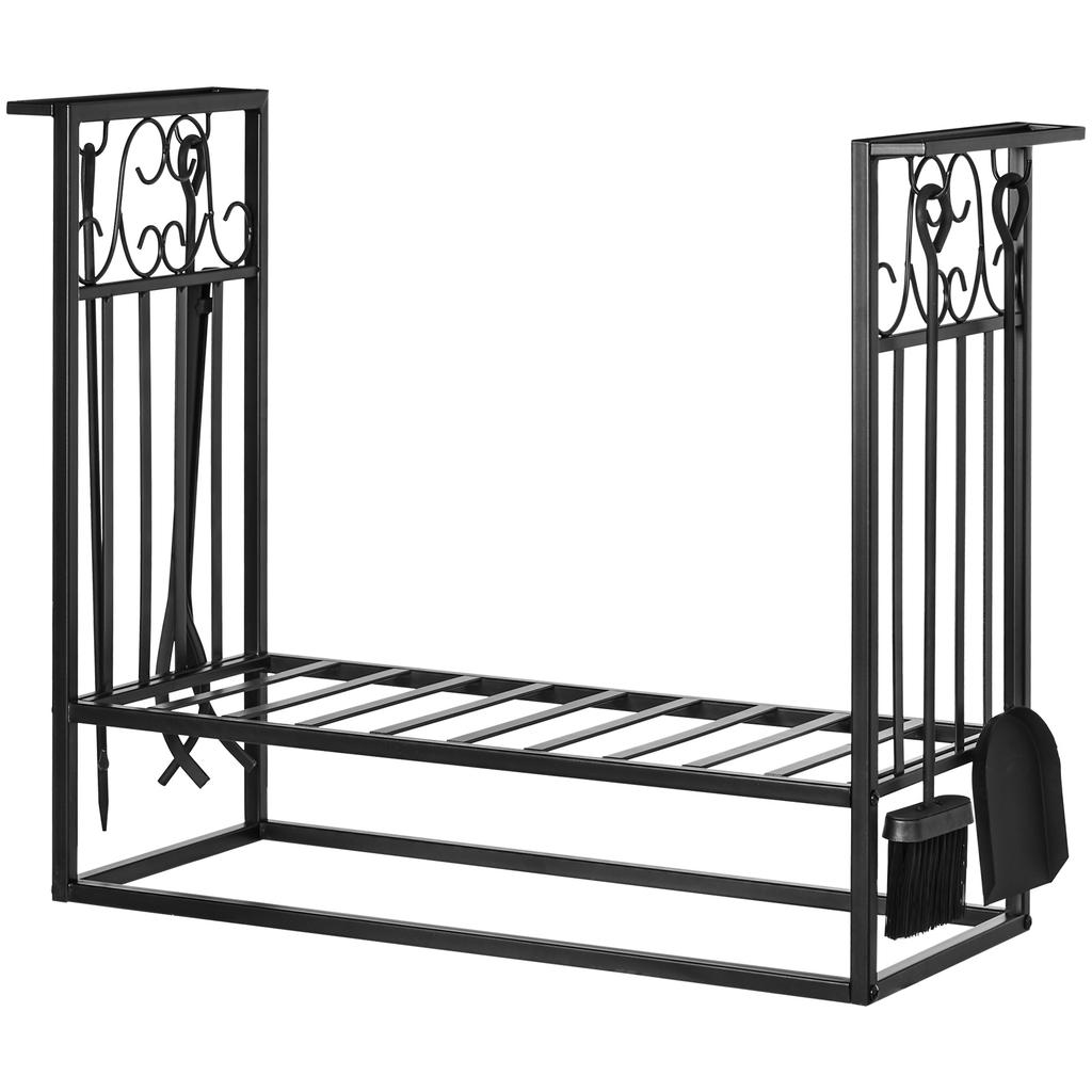 Fireplace Log Rack Tool Set, Multi-Accessory, 75 x 30 x 60 cm, Black Steel