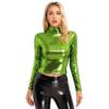 Womens Metallic Long Sleeve T-Shirt Fashion Shiny Top Slim Fit Mock Neck Tops Cocktail Dancing Party Club Music Festival Costume