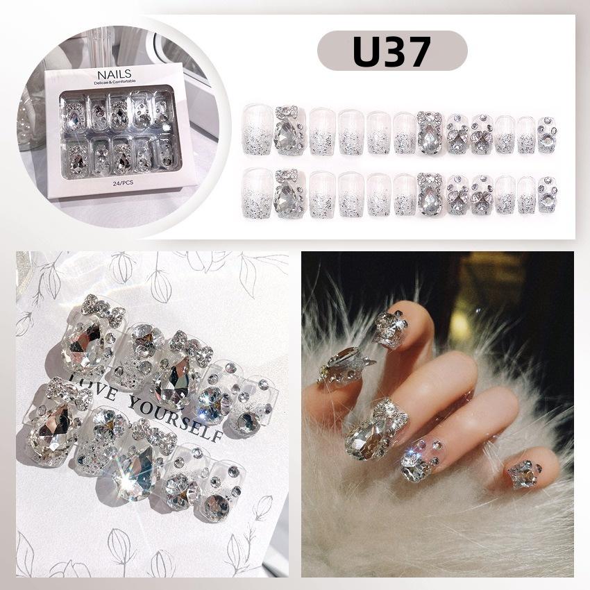 White Blue Color 3D Rabbit Star Rhinestone Designs-Full Cover Acrylic False Nails for Women and Girls Detachable Long Fake Nails