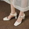 2024 Summer New Women Shoes Square Toe High Heels Cover Heel Shoes Women Genuine Leather Women Sandals Concise Retro Mary Janes