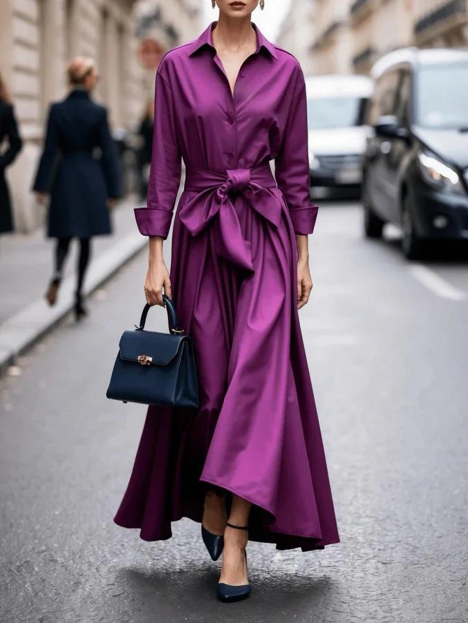 Spot Women'S Long Sleeve Lining Collar Solid Color Long Dress Dress Lace Up Windbreaker Skirt