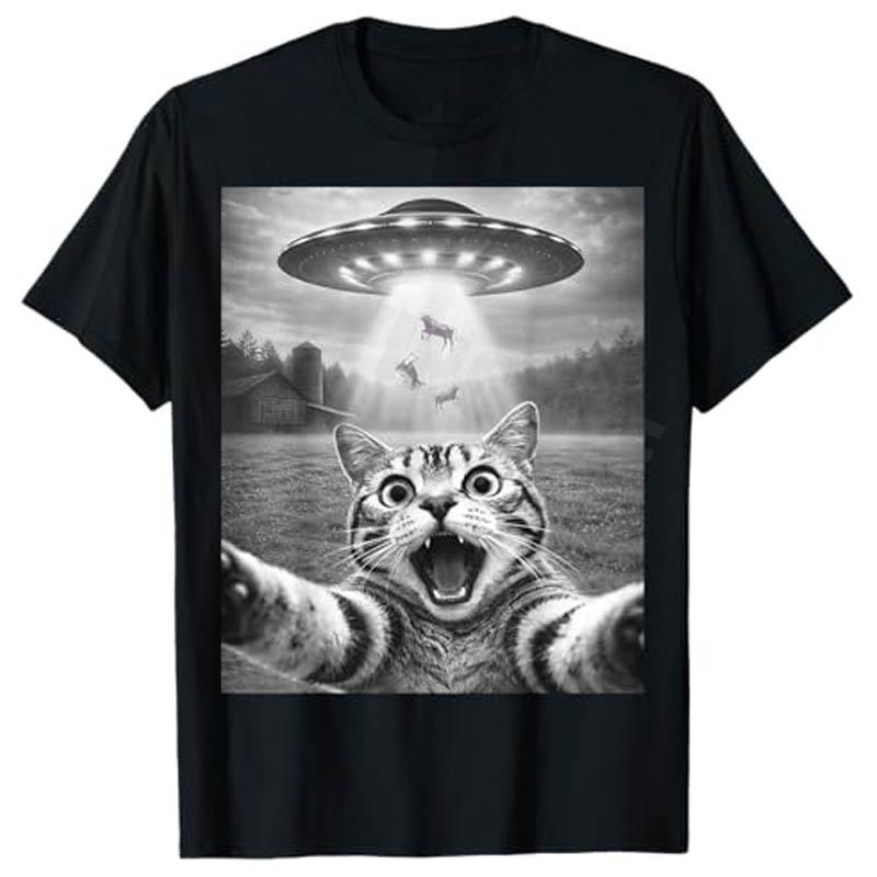 2026 Summer Hot Sale Highquality Unisexs Funny Cat Selfie With Ufo Print Tshirt Casual Streetwear Short Sleeve High Quality Tops