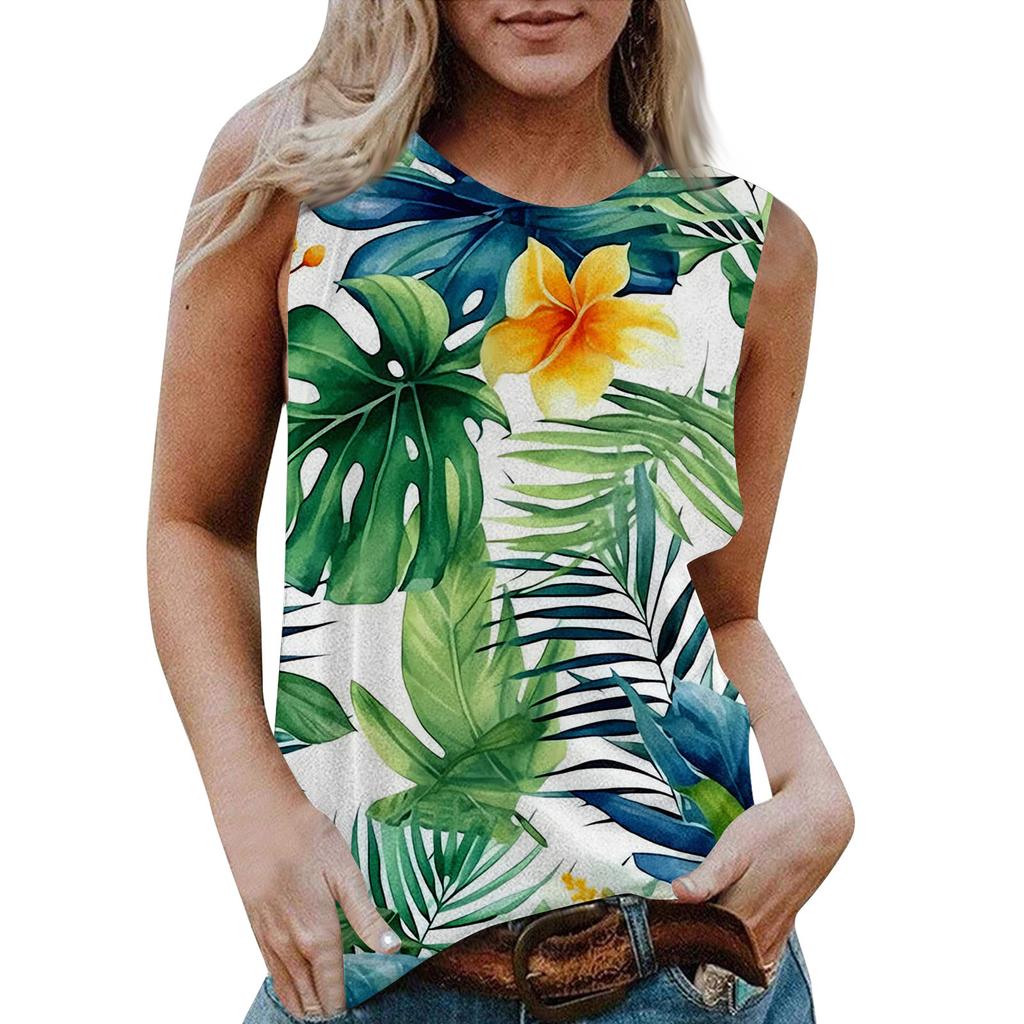 Blusa Regata Casual Feminina de Gola Redonda Sem Mangas com Estampa Havaiana X