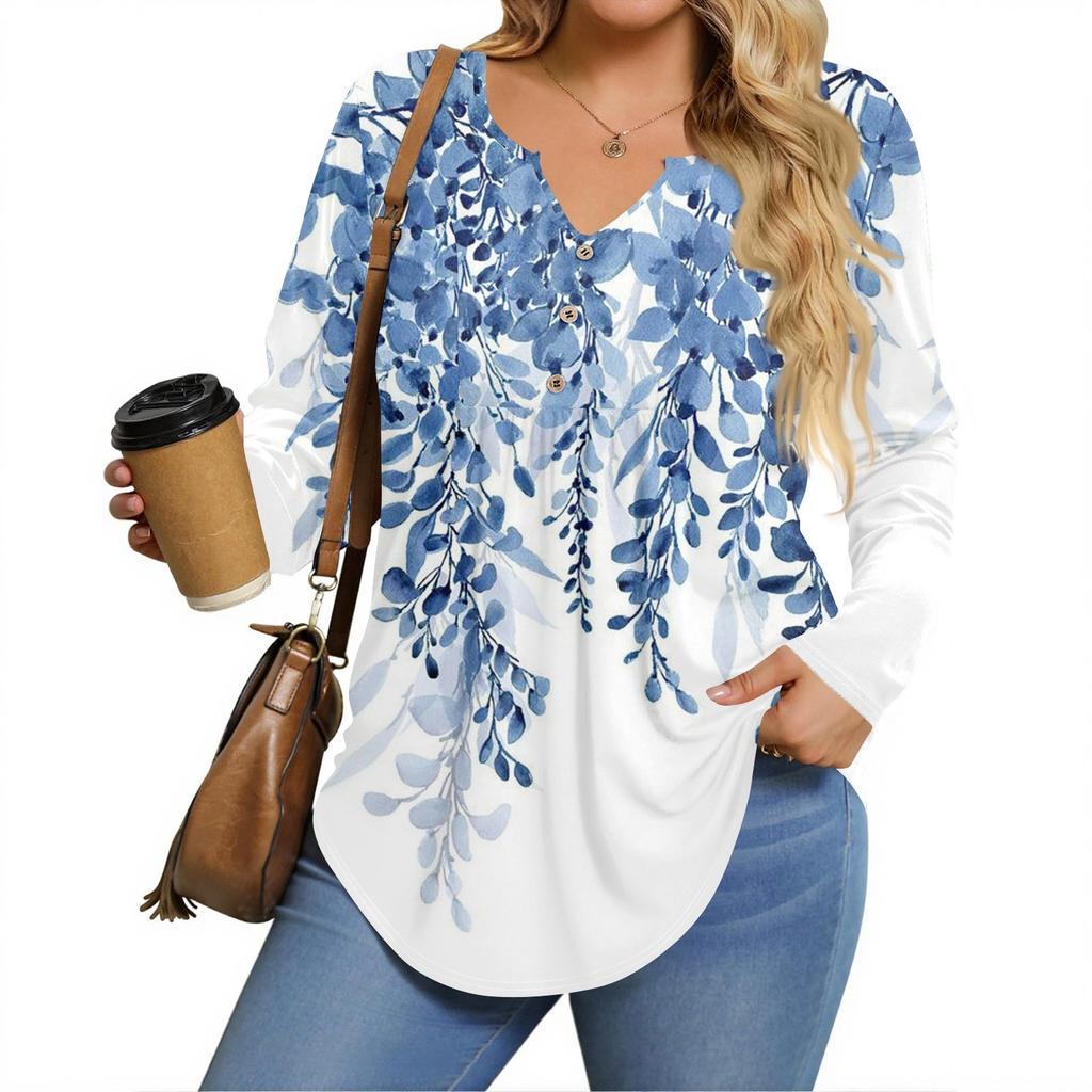 Womens Plus Size Long Sleeve Shirts  V Neck Tunic Tops Basic Loose Fit Tee Tops