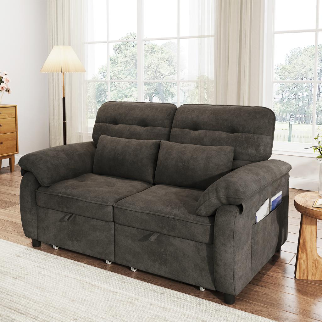 3-in-1 Double Sofa Bed with Adjustable Backrest and Bed Function, Convertible Sofa with USB Charging Port, Chenille Fabric, Grey, Incl. 2 Cushions